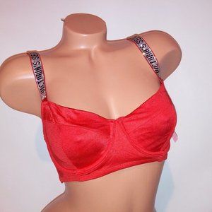 Victoria Secret Swim Bikini Top 32DDD Red Shine Strap Bling Logo Solid Underwire